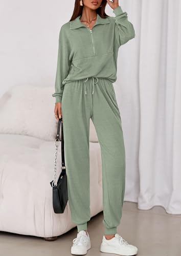 Image of PRETTYGARDEN Women 2 Piece Ribbed Knit Matching Lounge Sets | Comfy Sweat Track Suits, Athleisure Casual Outfit, Half Zip Sweatshirt & Jogger Pants, Fall Winter Clothes for Airport Travel