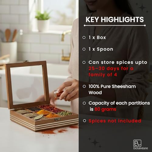 Image of ExclusiveLane Sheesham Wooden Spice Box for Kitchen with Spoon (9 Non-Detachable Compartments, Each Compartments : 80 gram) | Masala Container Spice Box Wooden Namak Dani for Kitchen Masala Box Wooden