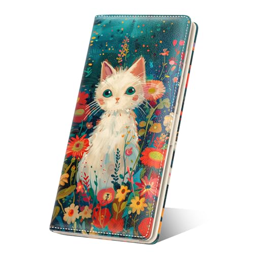 Image of Nipichsha Womens Wallet, RFID Slim Wallets for Women, Thin Ladies Credit Card Holder Purse, Cute Leather Bifold Clutch Billfold with 11 Card Slots & ID Window, Flowers Cat
