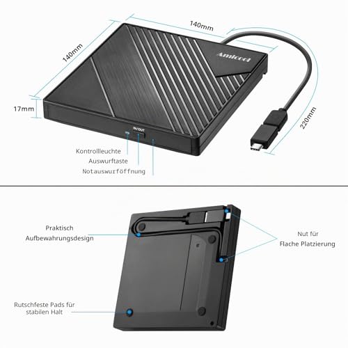 Amicool Externes DVD Laufwerk Extern USB 3.0 USB C CD Laufwerk für Laptop Desktop PC MacBook Externer DVD Brenner Windows 7/8.1/10/11 Linux Mac OS CD/DVD Reader Tragbar +/-RW ROM Optisches Drive