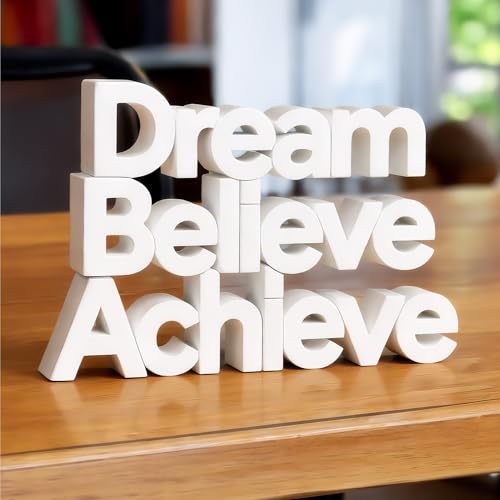 Image of Mad Masters Dream Believe Achieve Motivational Desk Decor - Aesthetic Table, Shelf & Wall Showpiece for Home Office, Business. Vastu Friendly Gifting, Classic White (8x5.5x1 Inch)
