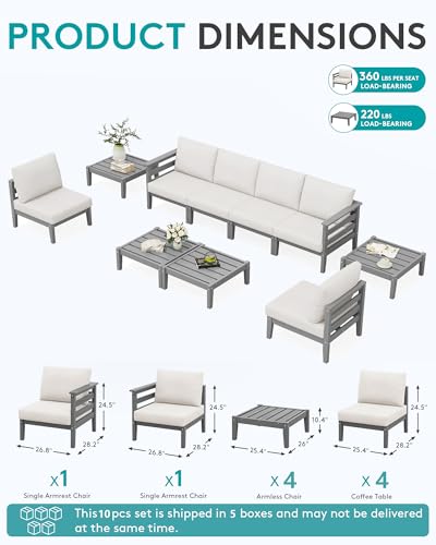 Image of SERWALL HDPE Patio Furniture Set, 10 Pieces Outdoor Sectional Sofa Set, All-Weather Wood-Like Outdoor Sofa Couch with Coffee Table for Deck, Lawn, Grey Frame with Khaki Cushion