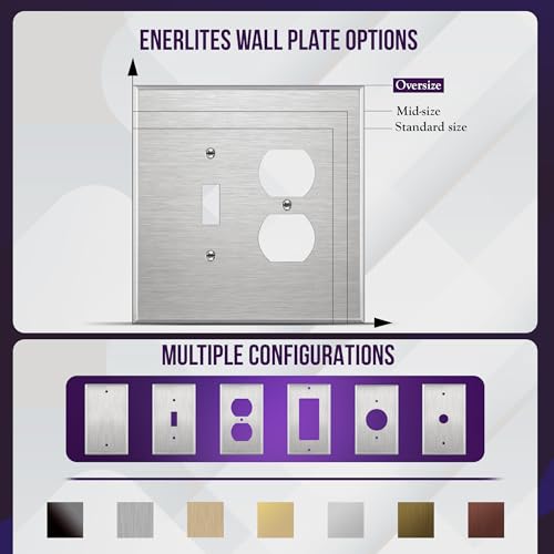 Image of ENERLITES Combination Toggle Light Switch or Duplex Receptacle Outlet Metal Wall Plate, Corrosion Resistant, Over Size 2-Gang 5.5 inch x 5.5 inch, 771121O, 430 Stainless Steel, UL Listed, Silver