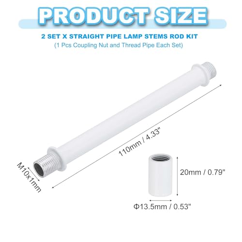 Image of PATIKIL Straight Pipe Lamp Stems Rod Kit, 2 Set M10 Carbon Steel 110mm(4.33 inch) Long Double End Thread Rod with Coupling Nuts Sleeve Connector for Table Lamps Chandeliers,White