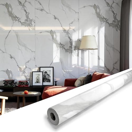 Marble Peel and Stick Waterproof Wall Paneling, 118" x 47" Carrara White Glossy Finish Self-Adhesive Backsplash Tile Vinyl Wall Panel for Kitchen Bath
