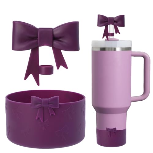 Lnulyaciy Bow Silicone Protective for Stanley Boot for 20/30/40Oz 2 Pack for Stanley Cup Accessories Compatible 12-24Oz for Hydroflask Boot and More (Dark Purple Set)