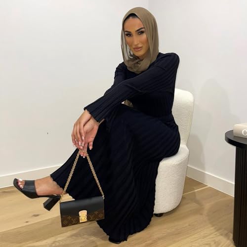 Image of RanRui Womens Winter Fall Pleated Knitted Fit and Flare Long Sleeve Sweater Dress