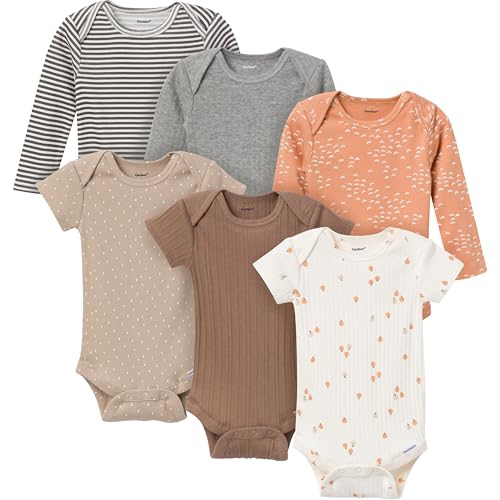 Gerber Unisex Baby Multi-Pack Onesies Bodysuits (Short and Long Sleeve), Tan Little Apples, 6-9 Months