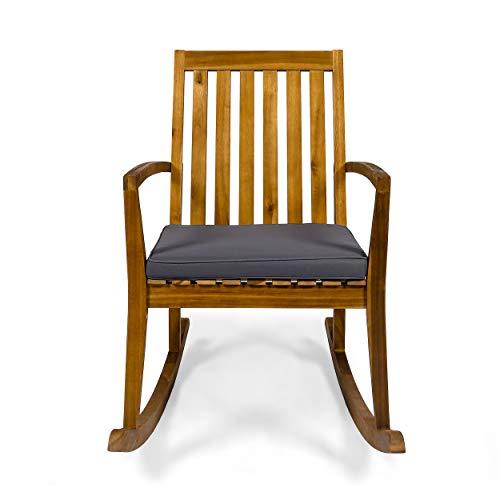 Great Deal Furniture Yvonne Patio Rocking Chair, Acacia Wood Frame, Traditional, Teak Finish With Dark Gray Cushions #TOP3