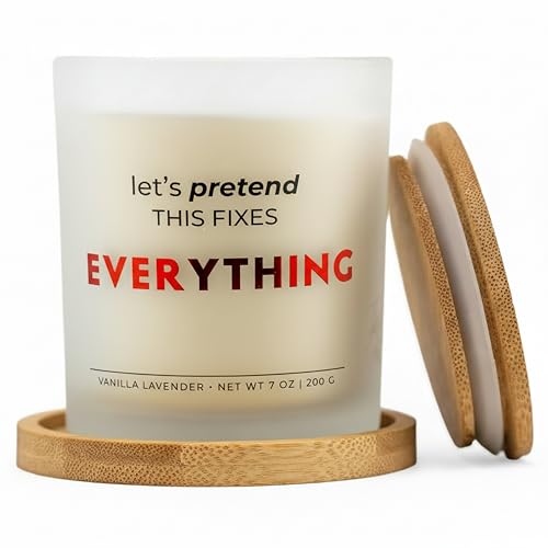Wick and Wit Let’s Pretend This Fixes Everything Gift Set – Funny Gifts for Women, Sarcastic Stress Relief Gifts, Premium Vanilla Lavender Soy Candle, 50+ Hour Burn, Ready to Gift Box