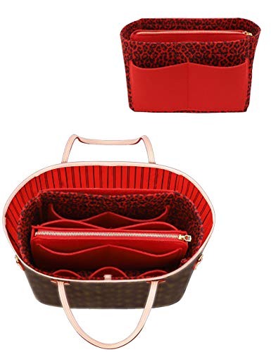 Image of LEXSION Felt Purse Bag Organizer Insert with zipper Bag Tote Shaper Fit Speedy Neverful PM MM, 1-R-Leopard, Slender Medium