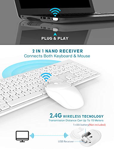 TedGem Tastiera e Mouse Wireless PC, 2.4G Tastiera e Mouse Wireless USB Ergonomico Mouse e Tastiera Wireless Italiano Tastiera Wireless PC con 105 Tasti per PC Windows Mac (Bianca)