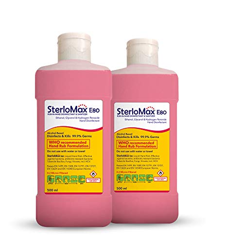 SterloMax 80% Ethanol-based Hand Rub Sanitizer and Disinfectant 500 ml -Pack of 2 SterloMax 80% Ethanol-based Hand Rub Sanitizer and Disinfectant 500 ml -Pack of 2