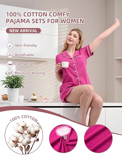 Image of NAP BOUND 100% Cotton Women Pajama Sets Button Down Short Sleeve Sleepwear Soft Pjs 2 Piece Lounge Set with Pocket XS-XXL