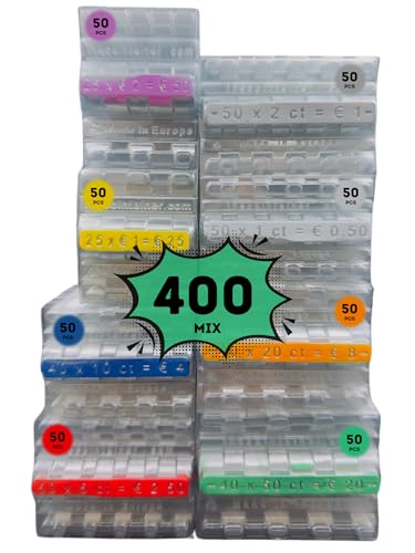 AF® Lot de 400 étuis à monnaie (8 x 50 étuis) | 25 rouleau piece de monnaie 1 euro + 25 rangement pieces de monnaie 2 euros... | Tubes à monnaie en papier...