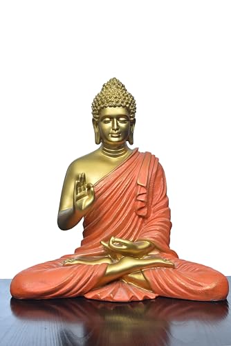 Image of Beautiful Sitting Buddha Idol Statue for Home & Garden Living Room | Healing Spirit Blessing Buddha Statue - 15 Inch Size (Golden + Orange)