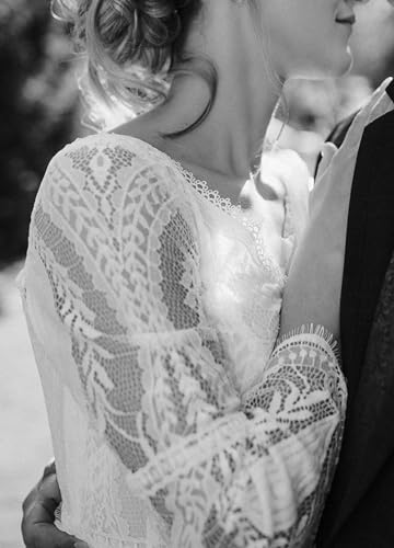 Image of Women Beach Lace Wedding Dress V Neck Long Bell Sleeves Boho Tasseled Western Bridal Gowns for Bride