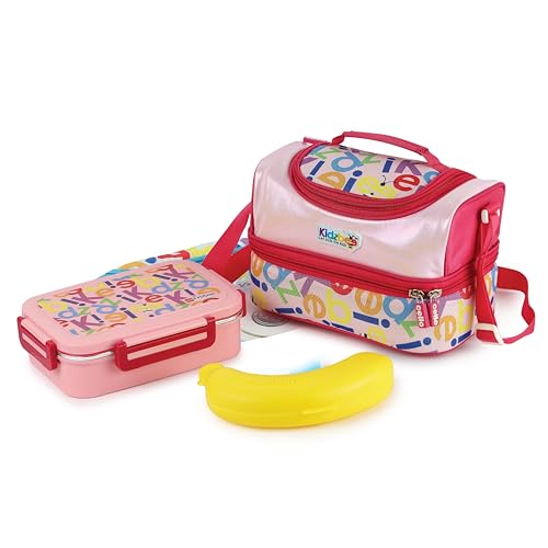 Image of CELLO Kidzbee Series Mini Meal Set for Kids |1 Lunch with Banana and Attractive Jacket | Insulated Meal Carrier | Lunch Box Set for Kids | Pink