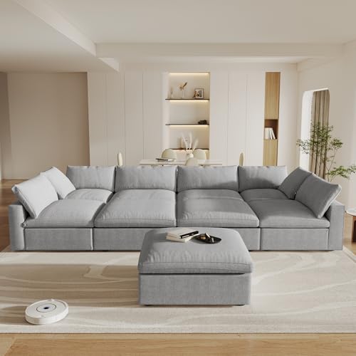 Image of Cloud Couch Modular Sectional Sofa,196inch U-Shaped Sectional Sofa with Storage Ottomans,Oversized Down Filled Convertible 9 Seater Linen Living Room Sets, Covers Washable&Replaceable,Gray