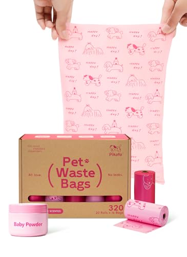 Pikoto Dog Poop Bags Rolls, 320 Count (20 Refills) - 60% Recycled Plastic Baby Powder Scented - Leak Proof, Extra Thick Waste Bag with Easy-Peel Sticker (Pink) Pikoto Dog Poop Bags Rolls, 320 Count (20 Refills) - 60% Recycled Plastic Baby Powder Scented - Leak Proof, Extra Thick Waste Bag with Easy-Peel Sticker (Pink)
