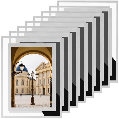 PINGEUI 8 Pack 6x4 Glass Photo Frames, Silver Mirrored Picture Frame, Multi Glass Photo Frames for Tabletop Display Horizontally or Vertically, Home Decoration Portrait or Landscape Display