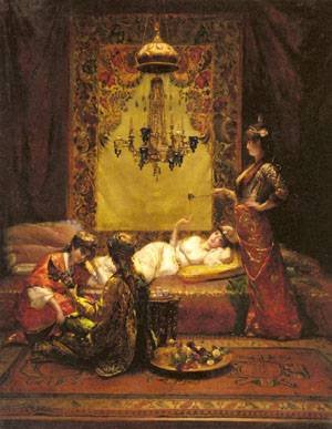Peinture à l'huile In The Harem Richter 36 x 48 pouces : tableau orientaliste sur toile