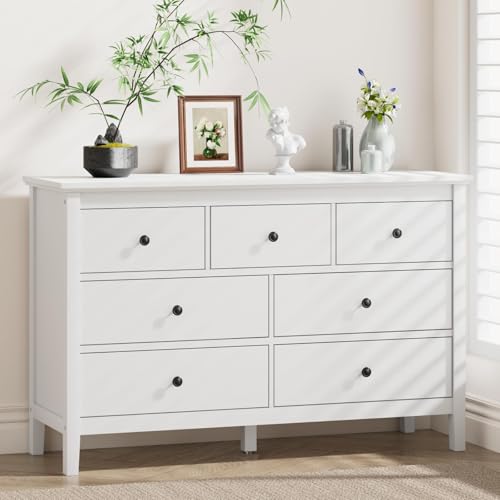 Image of CARPETNAL 47 inch White Dresser for Bedroom with 7 Drawer & Metal Handles