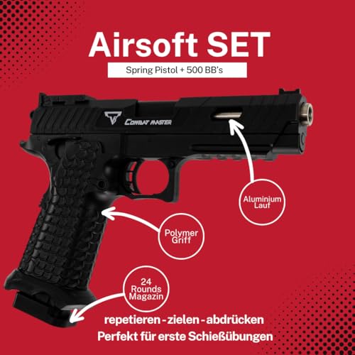 Set Airsoft Pistole TTI Q7 Softair Combat Master Federdruck JW3 6mm 0,5 Joule schwarz inkl. 500 Premium BBS 0,20g Munition | Weiterentwicklung der 1911