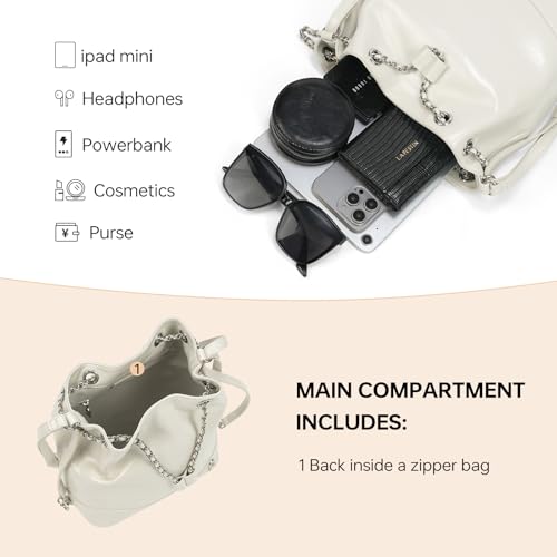 LA FESTIN Leather Purses for Women Cute Backpack Lightweight Shoulder Small Trendy Bucket Handbags with Strap Silver Chain (White)4