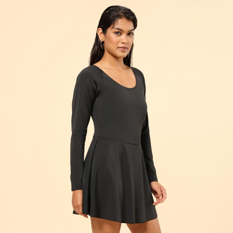 Image of Bliss Swim Dress - Full Sleeves, UPF 50+ Sun Protection, in-Built Cups, in-Built Shorts, Overlapped Slit in Skirt, Cinched Waist