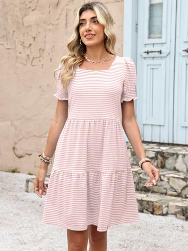 Image of ANRABESS Women Summer Square Neck Puff Short Sleeve Mini Dress 2026 Casual Flowy Sundress Beach Vacation Clothes with Pockets