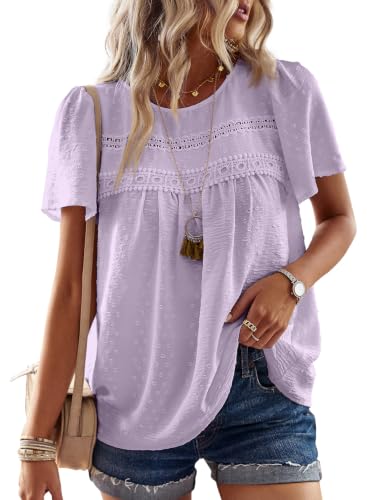 Image of Falechay Womens Summer Tops Flowy Boho Shirts Dressy Casual Short Sleeve | Crewneck Loose Fit Blouses, Hide Belly Fat, Lace Hem Ladies Tunic, Babydoll Crochet Clothes, Swiss Dot, Work, Vintage, XS-6XL