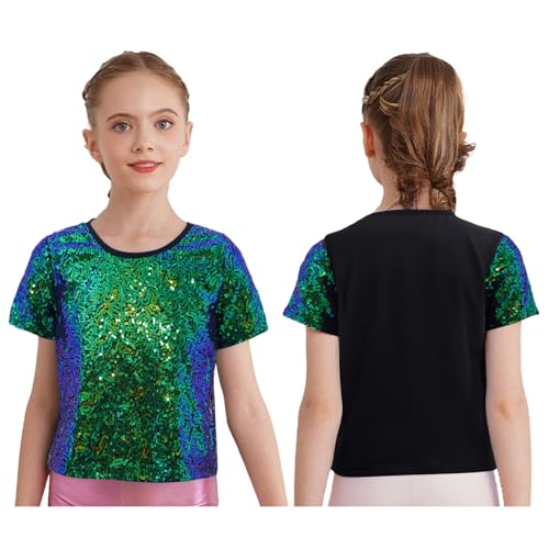 FEESHOW Kids Girls Boys Shiny Metallic Tee Shirt Jazz Hip Hop Dance Tops Short Sleeve Performance T-Shirt Party Blouses 6