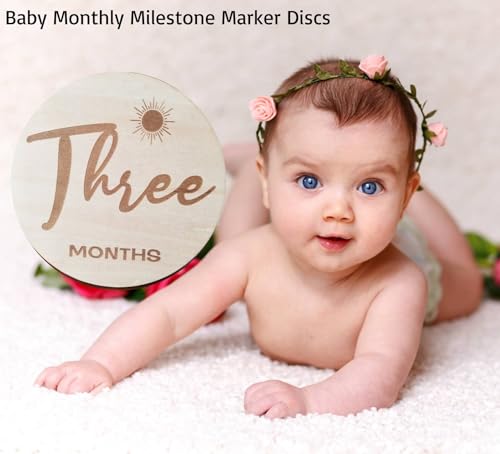 Baby Monthly Milestone Marker Discs - Wooden Discs Reversible Photo Props for Baby Announcement and Milestones,8pcs 16 Sides 1-12 Month, Baby Announcement Cards,Neutral Gift for Newborn Boy and Girl