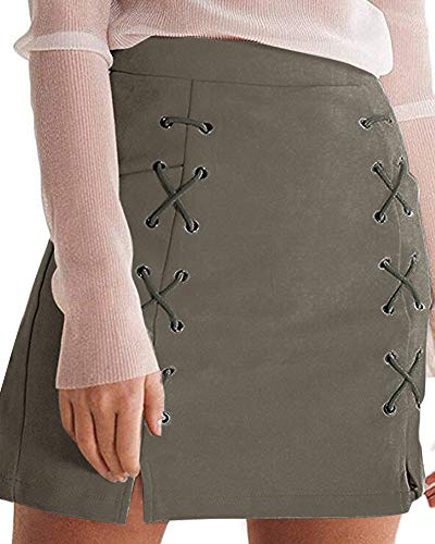 Image of MANGOPOP Women's Classic High Waist Lace Up Bodycon Faux Suede A Line Mini Pencil Skirt (Army Green, Large)