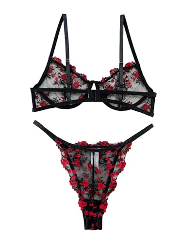 Image of Lilosy Sexy Floral Embroidered Mesh Sheer Underwire Lingerie Set