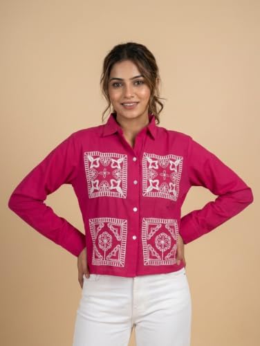 Image of Stylish Women's Embroidered Shirts | Geometric Pattern Half Sleeve Collared Button-Up Casual Shirt for Women