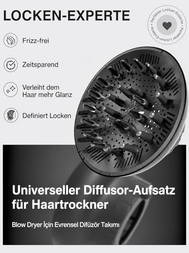 Diffusor Aufsatz Föhn, Diffuser Föhn, Universal Haar Diffusor Anpassungsfähig für Trockner mit Düse D = 3,8-6,1 cm für lockiges oder welliges Haar Styling Maximales Volumen ohne Frizz, Schwarz