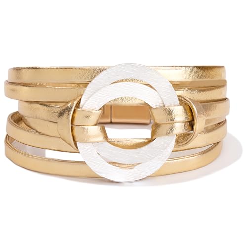 Infinity Leather Wrap Bracelets Boho Cuff Bracelets Cute Stackable Bangle with Magnetic Clasp Handmade Braid Interlock Disc Jewelry Gifts for Women(Metallic)