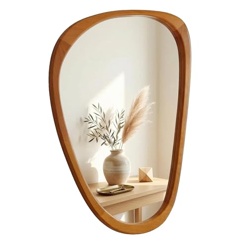 Image of Solid Wood 30 inchx20 inch Warm Walnut Organic Irregular Wall Mirror Decor | Warm grain and asymmetrical shape suit Japandi, Boho, organic decor, entryways, powder rooms, bedrooms, apartments