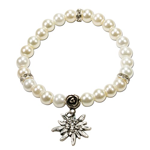 Traditional Bavarian Pearl Bracelet Fiona with Rhinestones Edelweiss, Ladies Costume Jewelry, Elastic Traditional Costume Bracelet, Beaded Bracelet, Oktoberfest (Cream-White)
