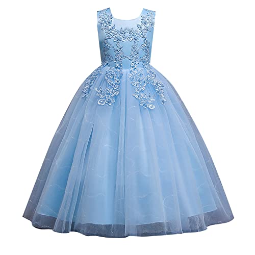 Girl's Tulle Flower Girl Dresses Sleeveles Beaded Appliques Princess Pageant Dress Kids Long Party Ball Gown
