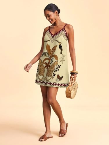 Image of RoseSeek Women's Summer Boho Floral Tropical Mini Dresses V Neck Spaghetti Strap Flowy Beach Vacation Sundress 2026