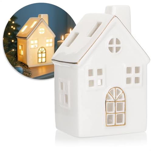 Com-Four Casa Led De Porcelana - Casa De Luz Que Funciona Con Pilas - Casa De Luz Decorativa Blanca Brillante Para Decoración Navideña E Invernal Casa - 13cm