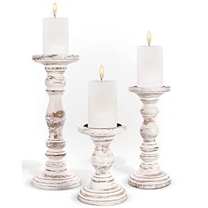 Large Candle Holders for Pillar Candles – Rustic Farmhouse Style Home Decor – Perfect for Table Centerpieces, Coffee Table or Fireplace Mantel – 3 Piece Set – White