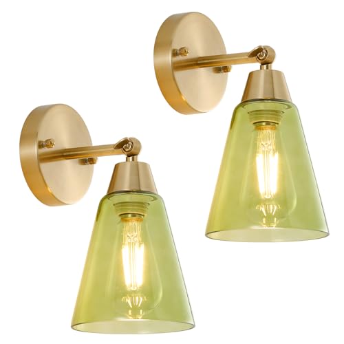 Image of MWZ Gold Wall Sconce Decor Set of 2,Modern Brushed Brass Sconces Lighting with Green Glass Shade,Bathroom Light Fixtures Over Mirror,Vanity Lights Over Sink,Indoor Wall Mount Adjustable Angle Lamp