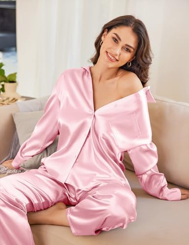 Ekouaer Womens Satin Silky Pajama Set 2 Piece Print PJs Soft Loungewear Button Down Sleepwear with Elastic Waist Long Pants