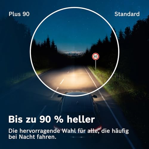 Bosch H4 Plus 90 Halogen-Glühlampe für Auto-Scheinwerfer, 12 V 60/55 W, 90% mehr Licht - Lampensockel Typ P43t - 1 Ersatz-Scheinwerferlampe