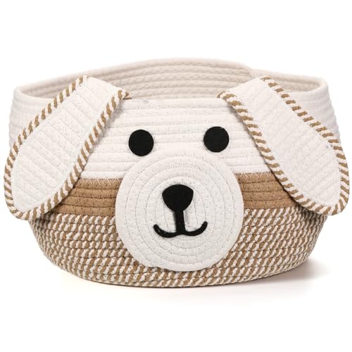 Image of Zopeal Dog Woven Basket Cute Woven Cotton Rope Puppy Animal Storage Basket for Laundry Toy Gift(Khaki, White,13 x 8 Inch)