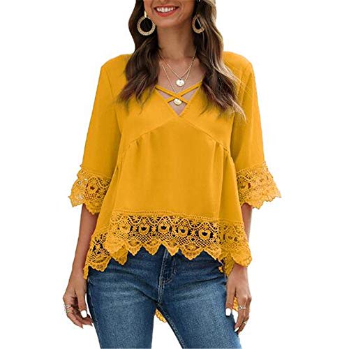 Preisvergleich Produktbild Sommer V-Ausschnitt Lose FüNf-Punkt-äRmel Spitze Hohle Spitze LäSsig Chiffon-Shirt Tops Damenbekleidung